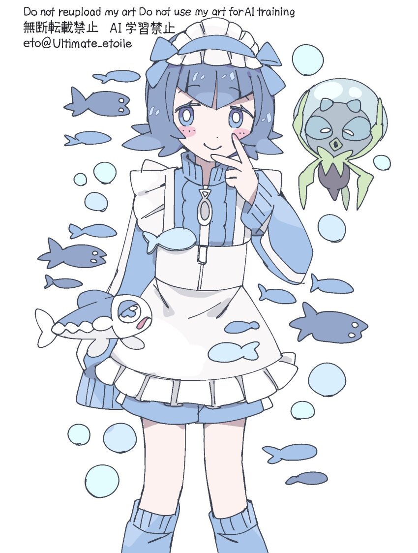 1girl :&gt; alternate_costume apron blue_bow blue_eyes blue_hair blue_jacket blue_socks blush_stickers bow bright_pupils bubble bug cowboy_shot dewpider fish frilled_apron frills gen_7_pokemon highres jacket lana_(pokemon) looking_at_viewer maid_headdress nintendo no_sclera pokemon pokemon_(creature) pokemon_sm remoooon short_hair simple_background sleeves_past_fingers sleeves_past_wrists smile socks spider standing upper_body v white_apron white_background white_pupils wishiwashi wishiwashi_(solo)