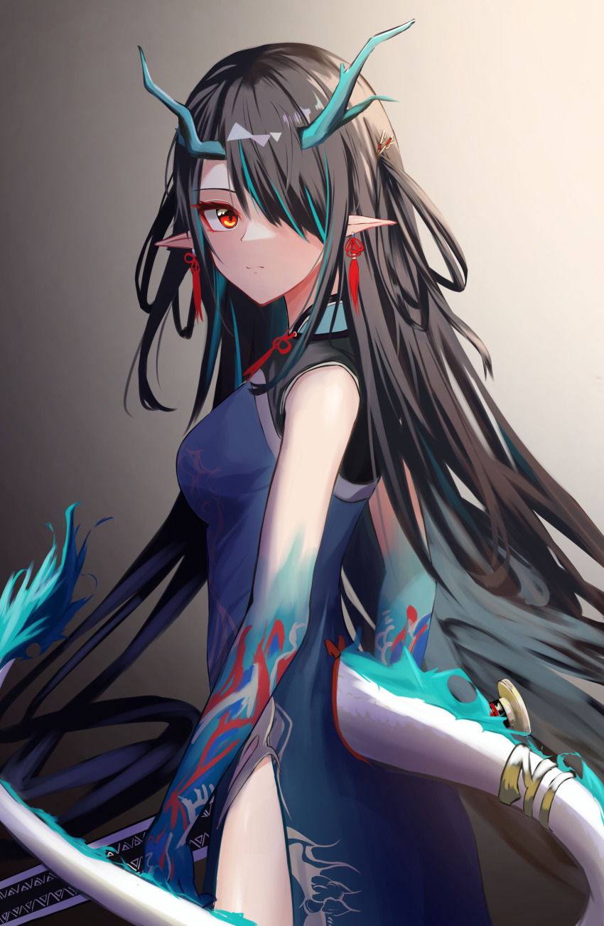 1girl absurdres arknights black_hair china_dress chinese_clothes colored_skin dragon_girl dragon_tail dress dusk_(arknights) dusk_(everything_is_a_miracle)_(arknights) earrings fiery_tail gradient_skin green_dress green_horns green_skin hair_over_one_eye highres holding holding_sword holding_weapon horns jewelry long_hair multicolored_hair nekomatamago pointy_ears red_eyes slit_pupils streaked_hair sword tail tail_ornament tail_ring tassel tassel_earrings weapon