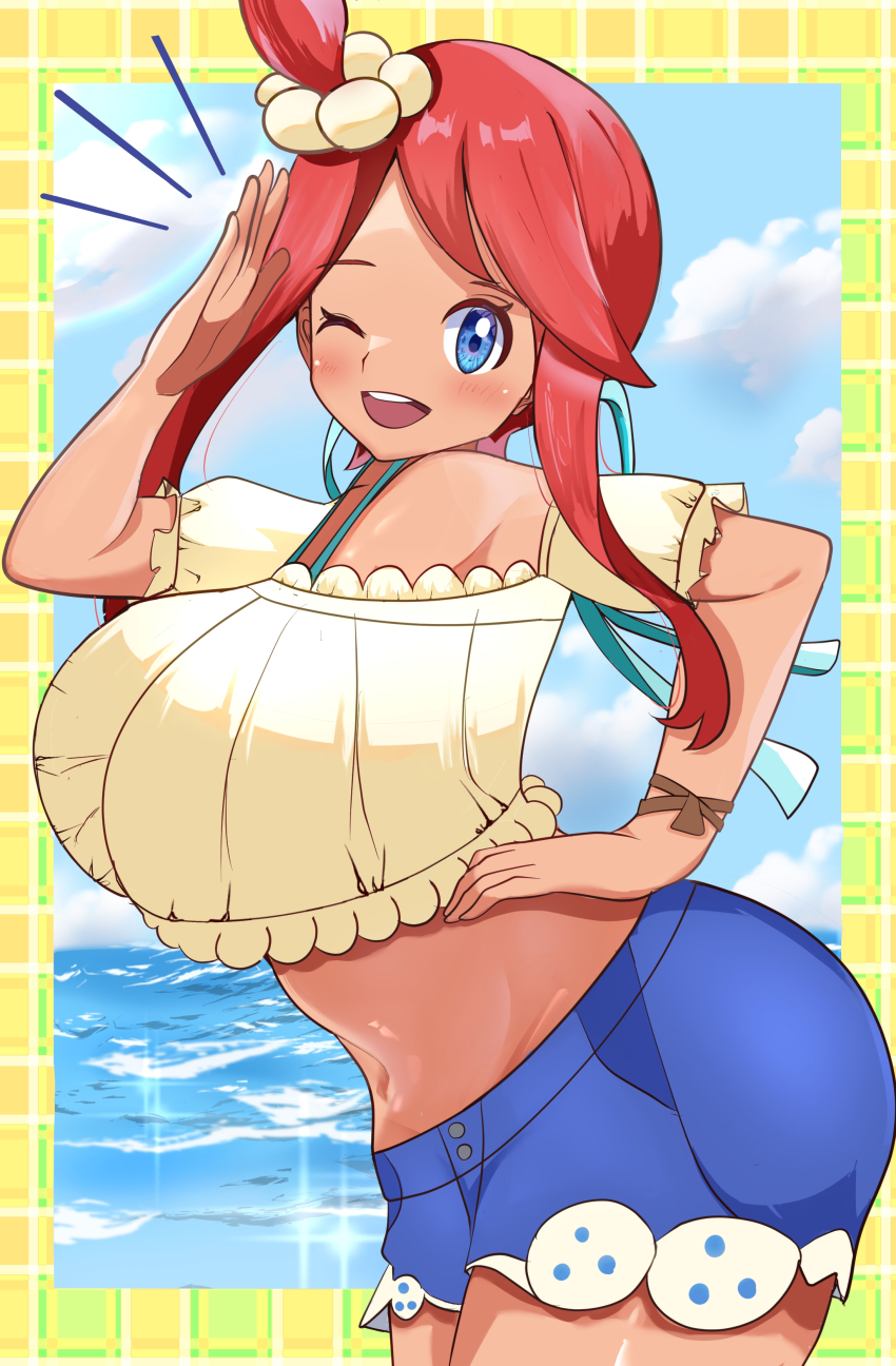 absurdres blue_hair breasts edwith27 highres large_breasts nintendo official_alternate_costume pokemon pokemon_masters_ex red_hair skyla_(pokemon) skyla_(summer_2025)_(pokemon) solo