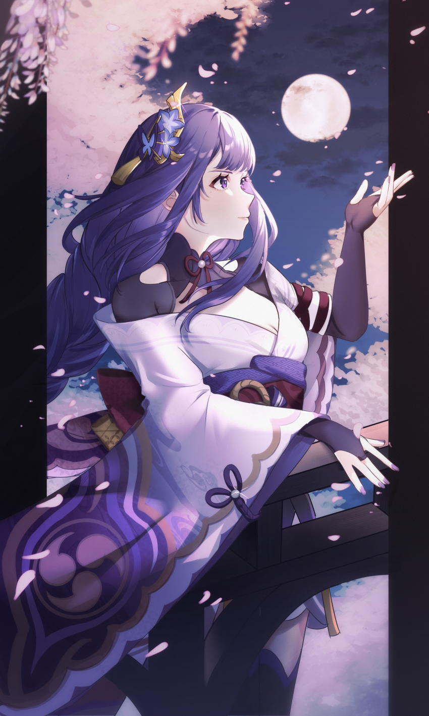 1girl absurdres black_thighhighs blunt_bangs braid breasts bridal_gauntlets bridge butterfly_hair_ornament cherry_blossoms cleavage closed_mouth clothing_cutout commentary_request falling_petals flower flower_ornament from_side full_moon genshin_impact hair_ornament hand_up highres japanese_clothes kimono large_variant_set long_braid long_hair long_sleeves mole mole_under_eye moon multicolored_hair neck_ribbon night night_sky off_shoulder outdoors oyasumi_(oyasumign8) petals pink_lips pink_petals purple_eyes purple_flower purple_hair purple_kimono purple_nails raiden_shogun red_ribbon red_sash ribbon sash shoulder_cutout single_braid sky solo standing streaked_hair thighhighs tree upper_body variant_set wide_sleeves