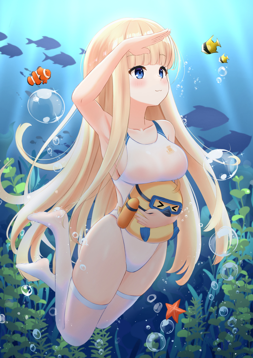 1girl 1other absurdres air_bubble azur_lane blonde_hair blue_eyes breasts bubble clownfish competition_swimsuit coral coral_reef day fish freediving highres holding_breath icarus_(azur_lane) icarus_(nereid&#039;s_discovery)_(azur_lane) large_breasts long_hair manjuu_(azur_lane) ocean official_alternate_costume one-piece_swimsuit outdoors paashe royal_navy_emblem_(azur_lane) school_of_fish seaweed starfish submerged swimming swimsuit thighhighs tropical_fish underwater water white_one-piece_swimsuit white_thighhighs