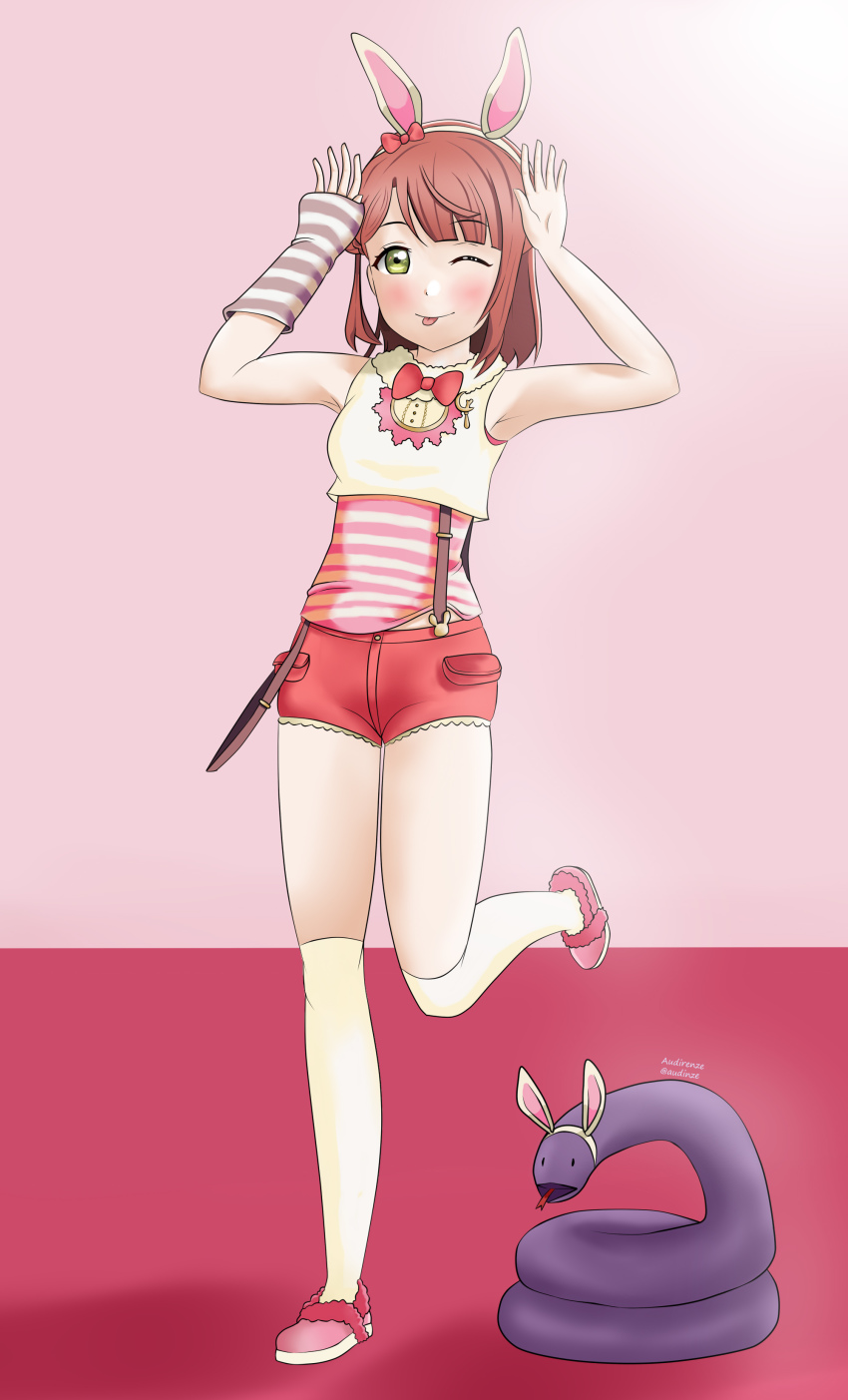 1girl ;) ;p absurdres animal_ears animal_print arm_warmers artist_name artist_request bare_legs bare_shoulders blush bow bowtie braid braided_bun breasts buttons cowboy_shot crescent_moon crescent_moon_symbol cropped_vest detached_sleeves exciting_animal_(love_live!) fake_animal_ears female_focus full_body fur-trimmed_shorts fur_trim green_eyes hair_bow hair_bun hairband highres hood hooded_vest hoodie looking_at_viewer love_live! love_live!_nijigasaki_high_school_idol_club love_live!_school_idol_festival love_live!_school_idol_festival_all_stars moon one_eye_closed orange_hair pants parted_lips pink_background pink_bow pink_shirt pink_slippers rabbit_ears rabbit_pose rabbit_print rabbit_tail red_bow red_hair red_shorts shirt short_hair short_pants short_shorts shorts side_bun single_detached_sleeve single_side_bun sleeveless sleeveless_hoodie slippers small_breasts smile solo standing standing_on_one_leg striped_clothes striped_shirt suspender_shorts suspenders tail tongue tongue_out uehara_ayumu vest white_hairband white_hoodie white_legwear white_vest wink yellow_eyes