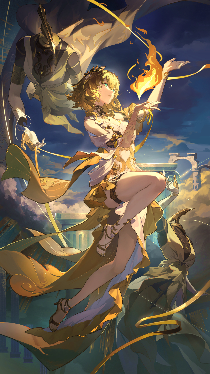 1girl absurdres aglaea_(honkai:_star_rail) asona bare_legs blonde_hair blue_sky breasts chinese_commentary cleavage commentary_request dress fire from_side green_eyes high_heels highres honkai:_star_rail honkai_(series) large_breasts laurel_crown mannequin parted_lips short_hair sky stone_pillar thigh_strap toes white_dress