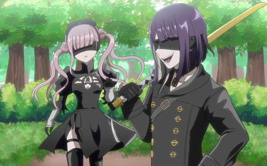 2b_(nier:automata) 2b_(nier:automata)_(cosplay) 9s_(nier:automata) 9s_(nier:automata)_(cosplay) black_bow black_dress blindfold bow brother_and_sister cosplay dress grass hair_bow highres holding holding_sword holding_weapon long_hair nier:automata nier_(series) outdoors pink_hair purple_hair siblings sword the_hundred_line_-last_defense_academy- tree tsukumo_ima tsukumo_kako twins twintails weapon