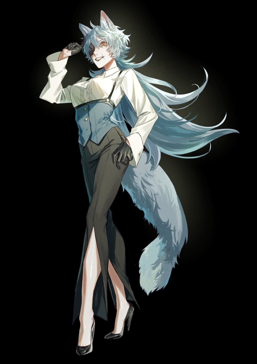 1girl animal_ears black_background black_gloves black_pants eyepatch full_body gloves grey_hair half_gloves high_heels highres long_hair momomo_906 orange_eyes original pants scar scar_on_face scar_on_mouth sharp_teeth shirt simple_background solo standing tail teeth very_long_hair white_shirt wolf_ears wolf_girl wolf_tail