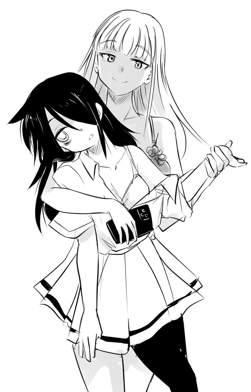 2girls bags_under_eyes blunt_bangs blush breasts cardigan_vest closed_mouth commentary_request greyscale highres katou_asuka kuroki_tomoko long_hair monochrome motomiki multiple_girls open_mouth pleated_skirt school_uniform shirt simple_background skirt smile solo standing watashi_ga_motenai_no_wa_dou_kangaetemo_omaera_ga_warui! yuri