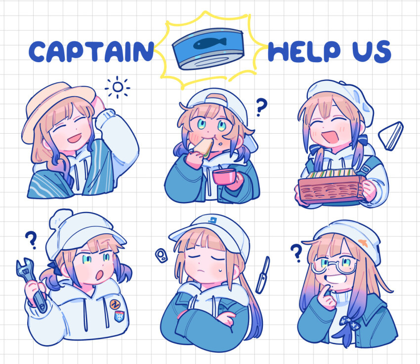 2boys 4girls ? backwards_hat baker_nemo_(fate) baseball_cap basket beanie beret blonde_hair blue_hair blue_jacket blush can captain_nemo_(fate) closed_eyes commentary cup eating engineer_nemo_(fate) english_commentary english_text fate/grand_order fate_(series) folding_knife food green_eyes hat holding holding_basket holding_cup holding_food holding_wrench hood hoodie jacket knife light_frown marine_nemo_(fate) multicolored_hair multiple_boys multiple_girls nemo_(fate) nurse_nemo_(fate) oneroom-disco open_clothes open_jacket open_mouth professor_nemo_(fate) sandwich short_hair smile sun_hat two-tone_hair white_headwear white_hoodie wrench