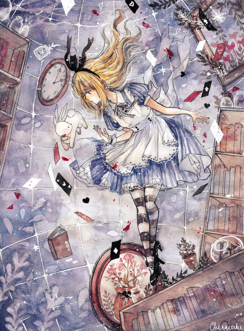 1girl absurdres ace_(playing_card) ace_of_clubs ace_of_hearts alice_(alice_in_wonderland) alice_in_wonderland analog_clock apron ascot bare_arms black_bow black_bowtie black_hairband black_pantyhose black_shoes black_wrist_cuffs blonde_hair blue_background blue_dress blue_eyes book bookshelf bow bow_hairband bowtie card cherriuki clock club_(shape) collared_dress commentary dress earrings english_commentary expressionless falling fern floating_card floating_clothes floating_hair frilled_wrist_cuffs frills full_body hairband heart heart_earrings high_heels highres jewelry lace lace-trimmed_apron lace-trimmed_dress lace_trim long_hair painting_(medium) painting_(object) pantyhose parted_lips plant playing_card pleated_dress pointy_nose potted_plant puffy_short_sleeves puffy_sleeves pumps rabbit shoes short_dress short_sleeves single_wrist_cuff sleeve_bow solo striped_clothes striped_dress striped_pantyhose traditional_media two-tone_pantyhose vertical-striped_clothes vertical-striped_dress watercolor_(medium) white_apron white_ascot white_pantyhose white_rabbit_(alice_in_wonderland) wrist_cuffs