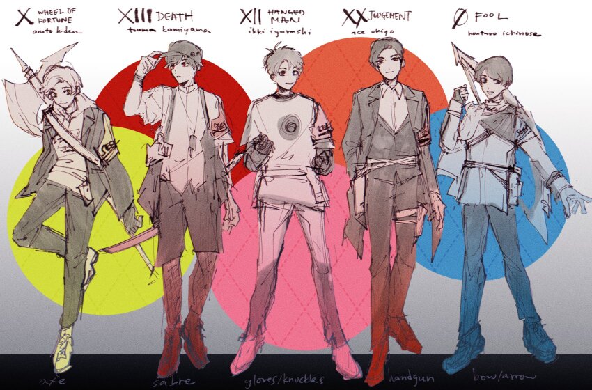 alchemist_academy_school_uniform axe battle_axe blue_eyes bow_(weapon) chakko_(chromaticafe) english_text hat hiden_aruto highres ichinose_houtarou igarashi_ikki kamen_rider kamen_rider_01_(series) kamen_rider_geats_(series) kamen_rider_gotchard_(series) kamen_rider_revice kamen_rider_saber_(series) kamiyama_touma multiple_boys pants persona persona_3 shirt smile ukiyo_ace weapon