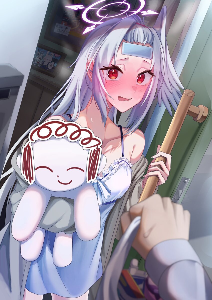 1girl alternate_costume babydoll bag blue_archive blush breasts character_doll cold_pack commentary_request doodle_sensei_(blue_archive) dutch_angle fever flustered forehead head_wings highres holding holding_bag jacket jacket_partially_removed long_hair medium_breasts nose_blush oekaki_nyagama opening_door pov pov_hands red_eyes sensei_(blue_archive) sick single_head_wing suzumi_(blue_archive) very_long_hair white_hair wings