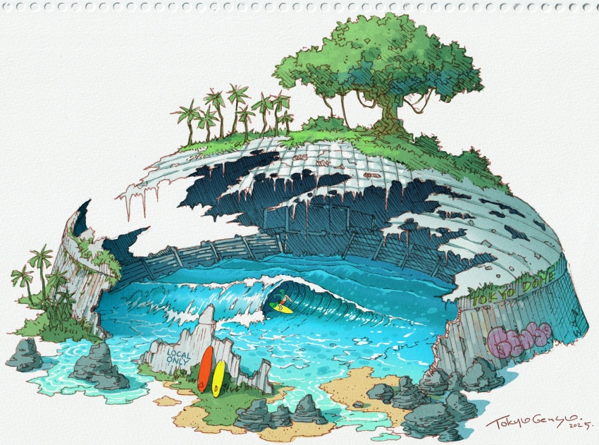 1boy 2025 abandoned blonde_hair building commentary_request dilapidated english_text graffiti highres male_focus male_swimwear original overgrown palm_tree post-apocalypse red_male_swimwear ruins sand signature solo surfboard surfing swim_trunks tokyo_dome tokyogenso topless_male traditional_media tree water waves wide_shot