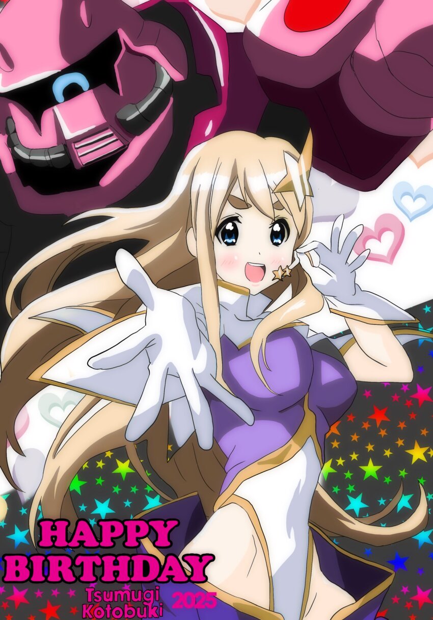1girl alternate_costume blonde_hair blue_eyes blush breasts gloves hair_ornament happy_birthday highres k-on! kotobuki_tsumugi large_breasts long_hair mecha mi5e4rzz open_mouth robot short_eyebrows standing star_(symbol) teeth upper_teeth_only white_gloves