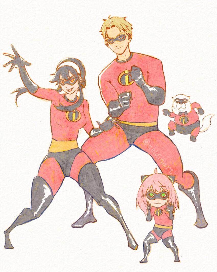 1boy 2girls anya_(spy_x_family) arm_up artist_name belt black_footwear black_gloves black_hair black_mask black_thighhighs blonde_hair blue_eyes bodysuit bond_(spy_x_family) boots bow bowtie breasts child closed_mouth cosplay dog domino_mask earrings elastigirl elastigirl_(cosplay) elbow_gloves family fighting_stance gloves gold_earrings great_pyrenees green_eyes hairband hairpods highres jewelry latex latex_gloves long_hair looking_ahead looking_at_viewer mask medium_breasts medium_hair mr._incredible mr._incredible_(cosplay) multicolored_bodysuit multiple_girls muscular muscular_male open_mouth orange_belt orange_eyes parody parted_lips pink_hair red_bodysuit simple_background smile spy_x_family superhero_costume tachi-e the_incredibles thick_thighs thigh_boots thighhighs thighs twilight_(spy_x_family) twitter_username white_dog white_hairband wide_hips yor_briar zeldin