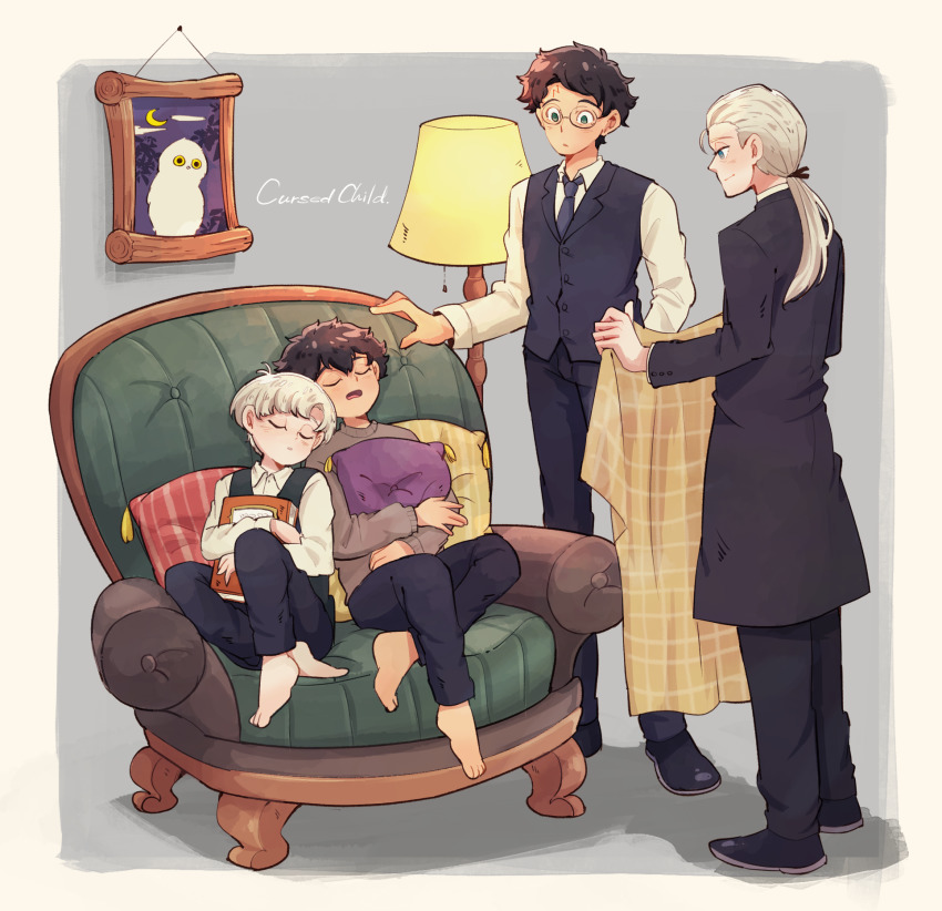 4boys aged_up albus_severus_potter amazou barefoot bird black_hair blanket blonde_hair closed_eyes couch draco_malfoy father_and_son glasses harry_potter harry_potter_(series) harry_potter_and_the_cursed_child hedwig highres long_coat long_hair lying_on_person multiple_boys necktie owl ponytail scar scar_on_face scar_on_forehead scorpius_malfoy short_hair sitting sleeping smile wizarding_world