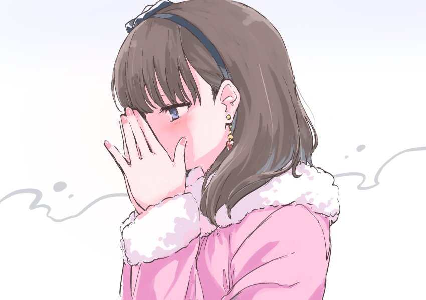 1girl bob_cut brown_hair covered_mouth earrings fur-trimmed_jacket fur-trimmed_sleeves fur_trim hairband highres idolmaster idolmaster_cinderella_girls jacket jewelry looking_afar nail_polish own_hands_together pink_jacket portrait pure_556 sakuma_mayu simple_background solo upper_body
