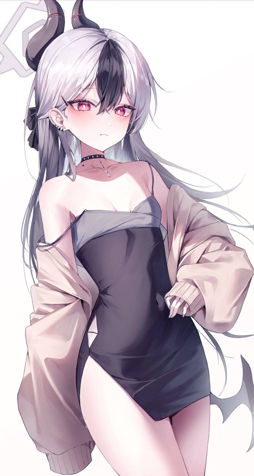 1girl 1monzi12 absurdres arm_at_side bare_shoulders black_choker black_dress black_hair black_horns black_ribbon blue_archive blush breasts bright_pupils brown_cardigan cardigan cardigan_partially_removed choker closed_mouth collarbone commentary cowboy_shot demon_girl demon_horns demon_wings dress eyelashes gradient_hair grey_hair grey_halo hair_between_eyes hair_ribbon half_updo halo hashtag-only_commentary highres horns kayoko_(blue_archive) kayoko_(dress)_(blue_archive) long_hair looking_at_viewer mole mole_on_neck multicolored_hair official_alternate_costume official_alternate_hairstyle open_cardigan open_clothes red_eyes ribbon short_dress simple_background single_wing sleeveless sleeveless_dress small_breasts solo straight_hair strap_slip tsurime two-tone_hair white_background white_pupils wings