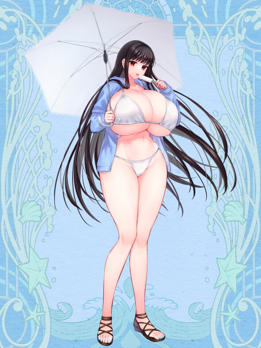 1girl bad_proportions bikini black_hair blue_background blue_jacket blue_nails breasts dairoku_ryouhei food full_body gome_(tw6) highres holding holding_food holding_popsicle holding_umbrella huge_breasts jacket licking lucrezia_astrude melting_popsicle navel open_clothes open_jacket popsicle red_eyes sandals solo standing swimsuit tongue tongue_out umbrella white_bikini