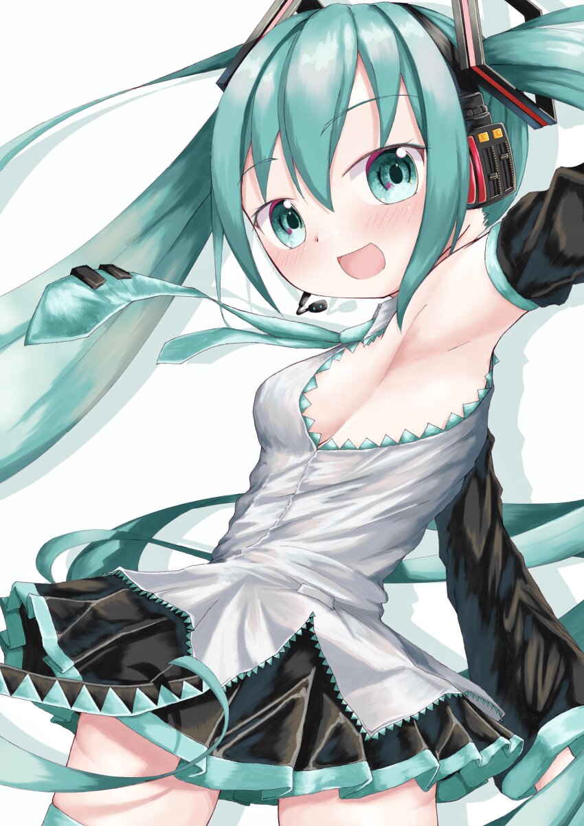 1girl absurdres aqua_eyes aqua_hair aqua_necktie black_sleeves breasts detached_sleeves grey_shirt hatsune_miku headphones headset highres long_hair medium_breasts mk_y4i necktie pleated_skirt shirt sideboob skirt twintails vocaloid