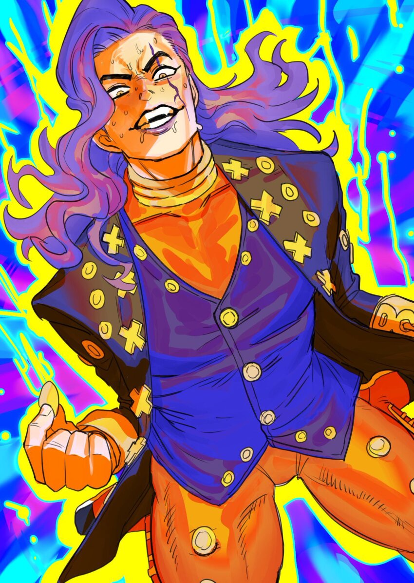 1boy aura blue_vest cowboy_shot dancho_no_mori diamond_wa_kudakenai fangs highres holding holding_plectrum jacket jewelry jojo_no_kimyou_na_bouken lipstick long_hair long_sleeves makeup male_focus neck_ring open_mouth orange_pants orange_undershirt otoishi_akira pants plectrum purple_hair purple_lips scar scar_across_eye scar_on_face sentaronao smile solo sweat vest yellow_eyes