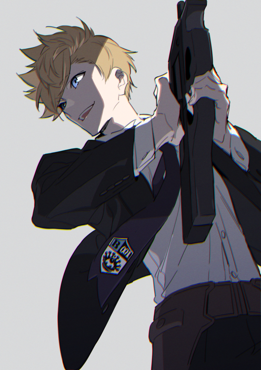 1boy absurdres black_jacket black_necktie black_pants black_suit blonde_hair blue_eyes collared_shirt cowboy_shot formal_clothes grey_background gun highres holding holding_gun holding_weapon inukai_sumiharu jacket looking_away male_focus necktie open_mouth pants shirt short_hair simple_background smile solo spiked_hair standing suit weapon white_shirt world_trigger xia_(ryugo)