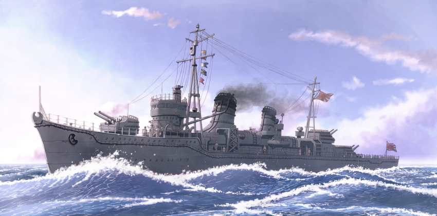 anti-aircraft anti-aircraft_gun boat cannon earasensha flag imperial_japanese_navy military military_uniform multiple_boys naval_uniform ocean original rising_sun_flag ship smoke sunburst torpedo turret water watercraft yukikaze_(destroyer)