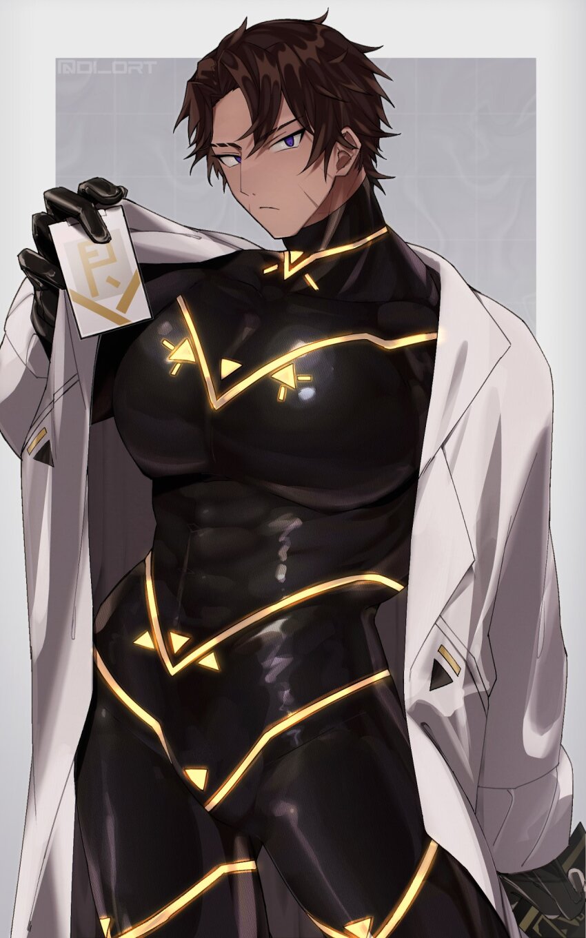 1boy alternate_pectoral_size black_bodysuit bodysuit border brown_hair coat cowboy_shot dark-skinned_male dark_skin diort grey_background heathcliff_(project_moon) highres holding holding_id_card huge_pectorals id_card lab_coat limbus_company looking_at_viewer male_focus neon_trim outside_border p_corp_uniform parted_bangs project_moon puffy_chest purple_eyes solo tight_clothes turtleneck turtleneck_bodysuit white_border