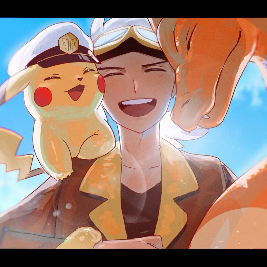 1boy :d brown_jacket captain_pikachu charizard closed_eyes commentary copituji day facing_viewer friede_(pokemon) gen_1_pokemon goggles goggles_on_head happy highres jacket letterboxed male_focus nintendo open_mouth outdoors pikachu pokemon pokemon_(anime) pokemon_(creature) pokemon_horizons shirt short_hair sky smile symbol-only_commentary teeth upper_teeth_only white_hair