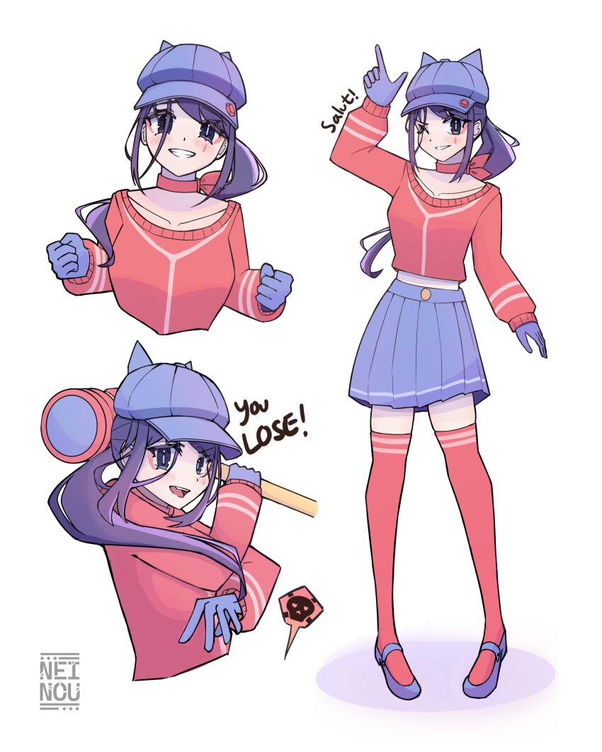 1girl absurdres arm_up artist_name black_eyes blue_gloves blue_hair blue_hat blue_skirt bow bow_choker newsboy_cap choker clenched_hands cool_mita_(miside) crop_top cropped_shirt english_text gloves grin hammer hands_up hat highres holding holding_hammer long_hair looking_at_viewer low_ponytail midriff miniskirt miside mita_(miside) neinouu one_eye_closed open_mouth pleated_skirt ponytail red_bow red_shirt red_thighhighs shirt simple_background skirt smile spoken_skull tattoo teardrop_facial_mark teardrop_tattoo thighhighs toy_hammer white_background