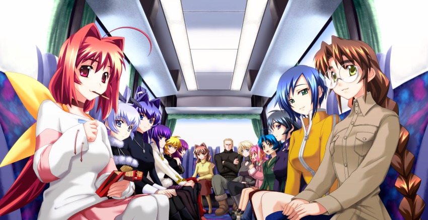 1boy 6+girls absurdres ahoge alfred_walken ayamine_kei bou_(inubou) bus bus_interior choker crossed_arms elena_piatif everyone food game_cg glasses hair_intakes highres irma_thesleff jewelry jinguuji_marimo kagami_sumika kashiwagi_haruko koubuin_yuuhi kouzuki_yuuko long_hair looking_at_viewer mitsurugi_meiya motor_vehicle mouth_hold multiple_girls muv-luv muv-luv_altered_fable necklace pantyhose pendant pocky ponytail sakaki_chizuru short_hair siblings sisters sitting smile tamase_miki twins vehicle yashiro_kasumi yoroi_mikoto