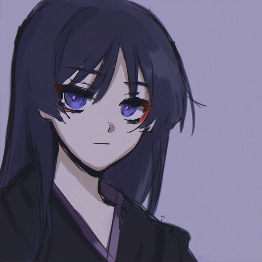1boy alternate_costume alternate_hair_length alternate_hairstyle black_hair black_kimono blunt_ends closed_mouth expressionless eyeliner eyeshadow genshin_impact japanese_clothes juban kimono long_hair looking_at_viewer makeup male_focus portrait purple_background purple_eyes purple_kimono purple_pupils red_eyeliner red_eyeshadow scaramouche_(genshin_impact) sgm618 sketch solo wispy_bangs