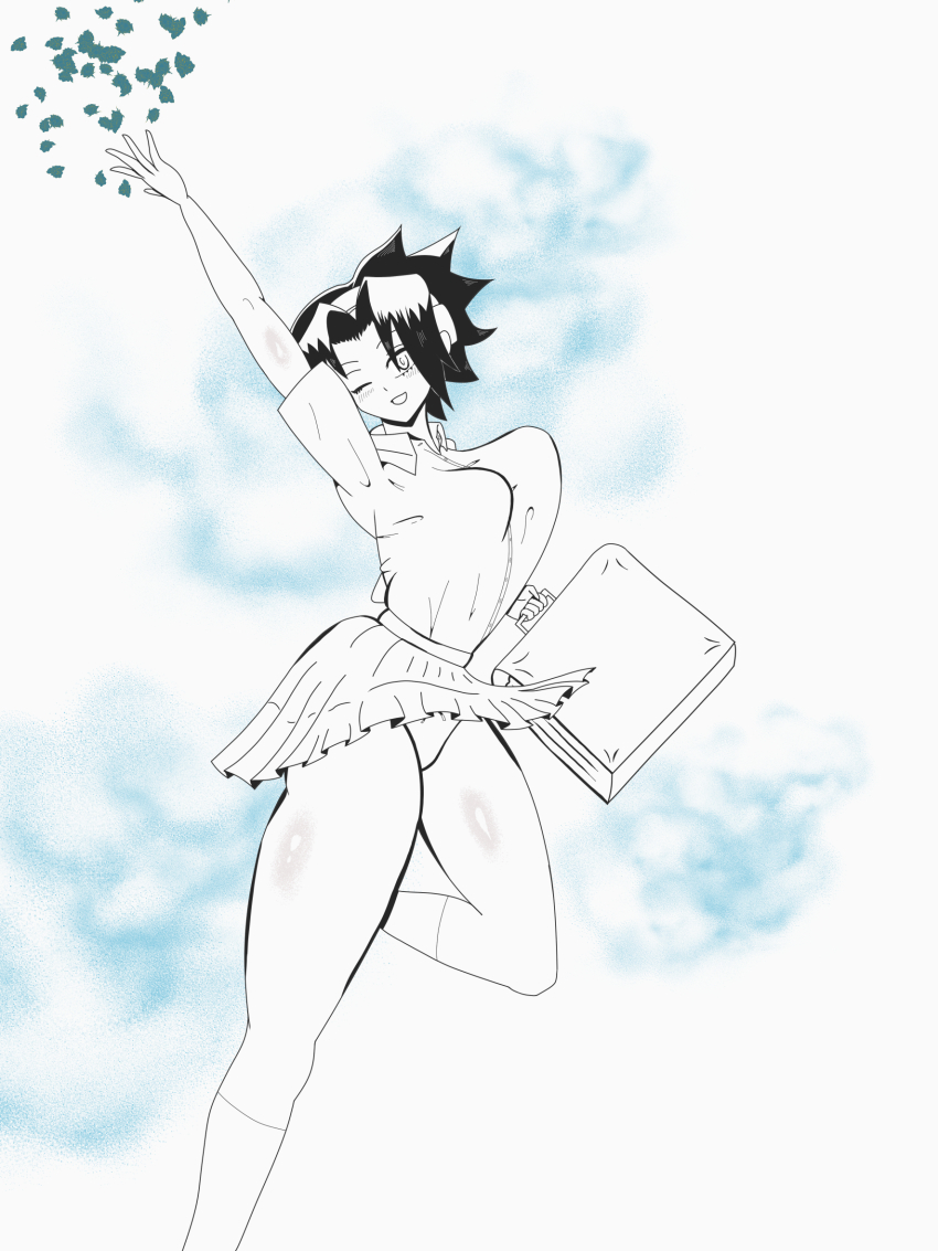 1girl ass blush breasts cloud dress female_focus gender_request genderswap genderswap happy highres jumping mirchange monochrome one_eye_closed open_mouth self-upload shaman_king shirt
