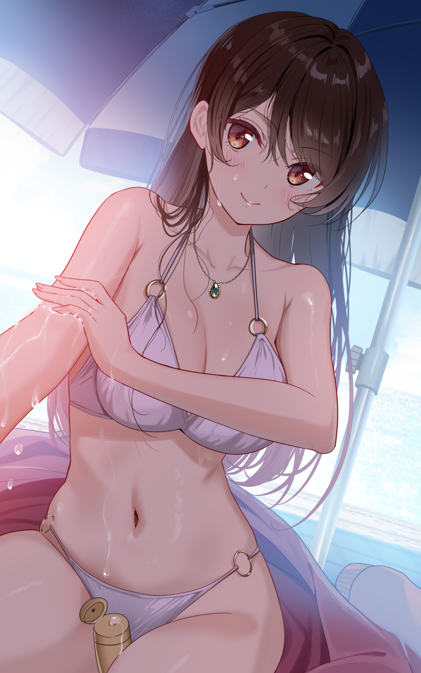 1girl absurdres applying_sunscreen bikini blush breasts brown_eyes brown_hair closed_mouth collarbone commentary_request day highres jewelry kanojo_okarishimasu large_breasts long_hair looking_at_viewer lotion mizuhara_chizuru navel necklace o-ring o-ring_bikini outdoors parasol piyopoyo smile solo stomach sunscreen swimsuit umbrella white_bikini
