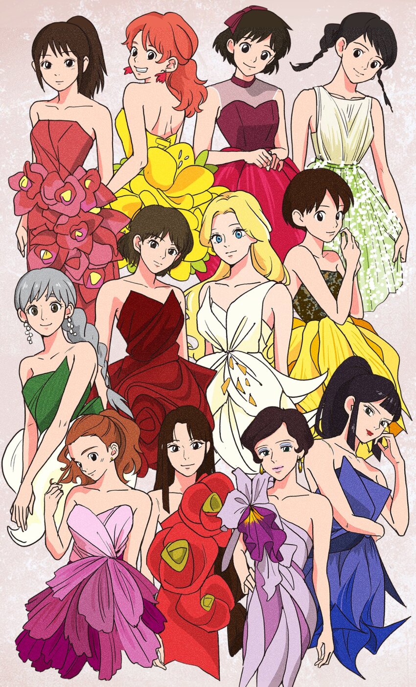 6+girls arrietty bare_shoulders blonde_hair blue_dress blue_eyes blunt_bangs braid braided_ponytail braided_twintails brown_hair clenched_teeth commentary_request dress earrings eboshi eyeshadow flower_dress fujisaki_chihiro gake_no_ue_no_ponyo gina_(kurenai_no_buta) grey_hair hand_on_own_hip highres howl_no_ugoku_shiro jewelry karigurashi_no_arrietty kiki_(majo_no_takkyuubin) kokurikozaka_kara komatsuzaki_umi kurenai_no_buta lin_(sen_to_chihiro_no_kamikakushi) looking_at_viewer looking_back majo_no_takkyuubin makeup marnie_(omoide_no_marnie) mimi_wo_sumaseba mononoke_hime multiple_girls off-shoulder_dress off_shoulder omoide_no_marnie orange_hair pink_dress ponyo ponytail purple_dress red_dress red_lips rikaco1988 san_(mononoke_hime) sen_to_chihiro_no_kamikakushi short_hair sidelocks single-shoulder_dress sleeveless sleeveless_dress smile sophie_hatter studio_ghibli teeth tsukishima_shizuku yellow_dress
