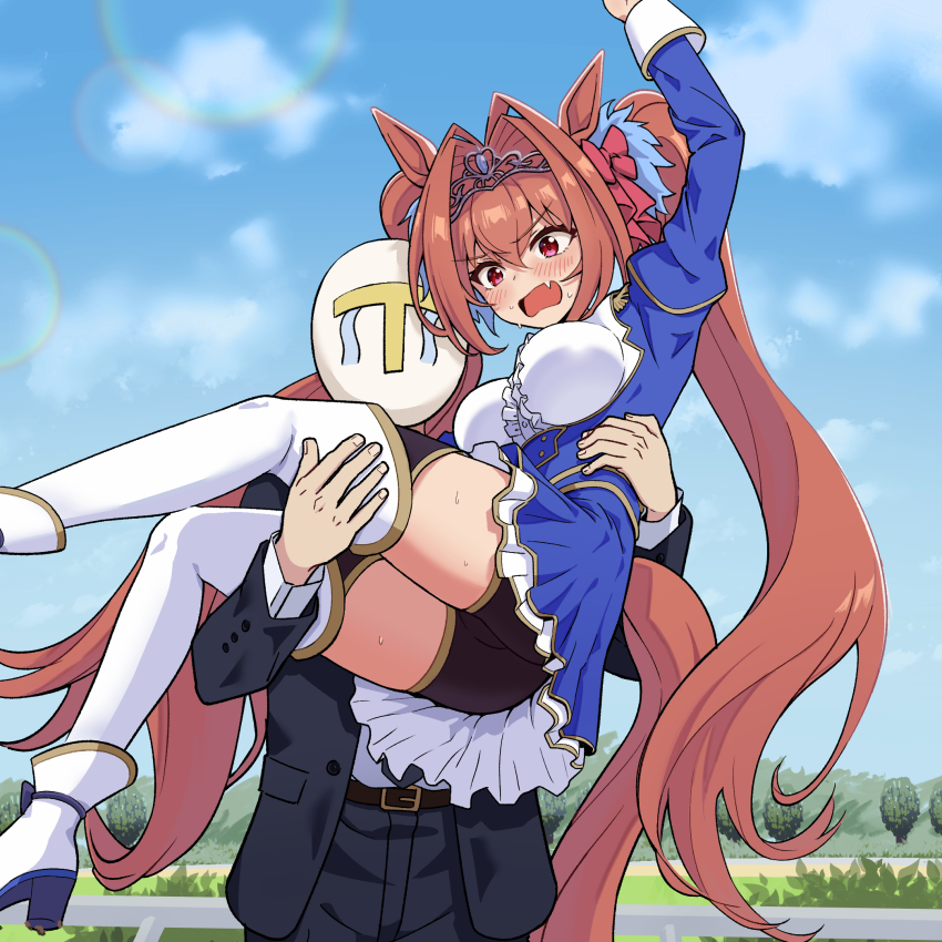 1boy 1girl animal_ears blue_sky blush boots breasts carrying daiwa_scarlet_(umamusume) embarrassed fang hair_intakes hand_up highres horse_ears horse_girl horse_tail large_breasts long_hair long_sleeves outdoors oxymoron_0213 princess_carry puffy_long_sleeves puffy_sleeves red_eyes shy skin_fang sky sweat t-head_trainer_(umamusume) tail tiara trainer_(umamusume) twintails umamusume very_long_hair white_footwear