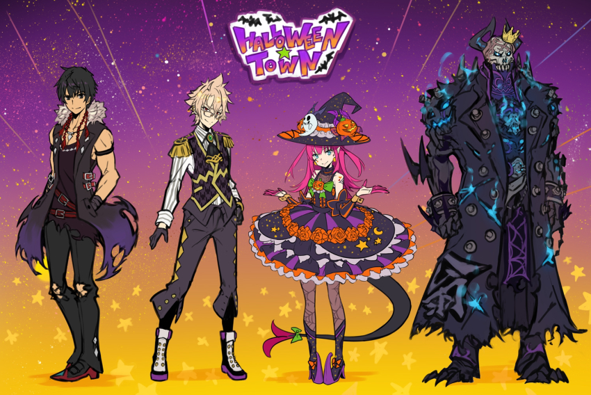 1girl 3boys arash_(fate) arash_(fgo_fes._2019)_(fate) asymmetrical_horns black_legwear black_nails board_game curled_horns dragon_horns dress elizabeth_bathory_(brave)_(fate) elizabeth_bathory_(fate) elizabeth_bathory_(halloween_caster)_(fate) fate/grand_order fate_(series) go_(board_game) hair_ornament halloween halloween_costume hat horns horns_through_headwear hyde_(fate) jack-o&#039;-lantern jekyll_and_hyde_(fate) kido_hyde king_hassan_(fate) long_hair looking_at_viewer loose_bikini multiple_boys nail_polish parted_lips pink_hair pokimari skirt striped_clothes striped_dress tail torn_clothes torn_skirt uneven_horns vertical-striped_clothes vertical-striped_dress witch_hat