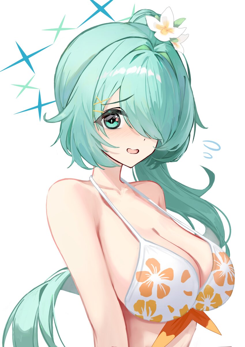 1girl absurdres bikini blue_archive breasts cleavage collarbone floral_print_bikini flower green_eyes green_hair green_halo hair_flower hair_ornament hair_over_one_eye halo hashtag-only_commentary highres hiyori_(blue_archive) hiyori_(swimsuit)_(blue_archive) large_breasts light_smile long_hair multicolored_bikini myumyu431 official_alternate_costume open_mouth orange_bikini simple_background solo swimsuit upper_body white_background white_bikini