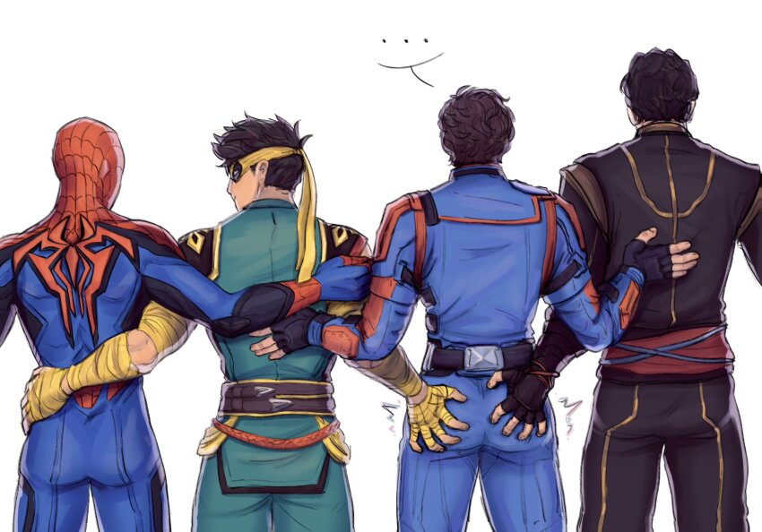 4boys animal_print ass black_hair blue_bodysuit bodysuit brown_hair doctor_strange doctor_strange_(series) guardians_of_the_galaxy highres iron_fist_(marvel) male_focus marvel marvel_cinematic_universe marvel_rivals melondeezp multiple_boys peter_quill red_bodysuit short_hair simple_background spider-man spider-man_(series) spider_print spider_web_print star-lord superhero_costume two-tone_bodysuit yaoi