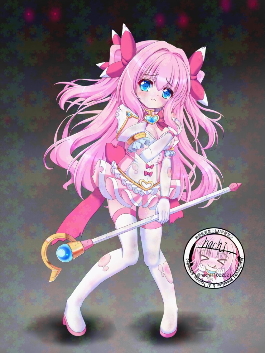 1girl blood blue_eyes blush boots bow breasts brooch cleavage closed_mouth dot_nose elbow_gloves frills frown full_body gloves glowing glowing_eyes hachi_(hachi11022021) hair_bow hair_intakes heart heart_brooch highres holding holding_wand injury jewelry knees_together_feet_apart left-handed long_hair looking_at_viewer magical_girl miniskirt oppai_loli original pink_bow pink_hair pink_skirt pleated_skirt raised_eyebrows shiny_skin signature skirt solo standing thigh_boots thighhighs torn_clothes torn_gloves torn_skirt torn_thighhighs two_side_up wand watermark white_gloves white_thighhighs zettai_ryouiki