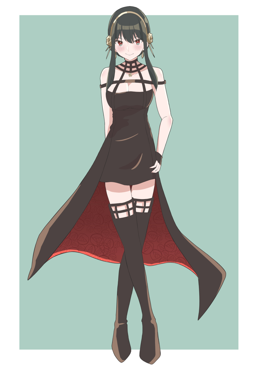 1girl absurdres arm_behind_back bare_shoulders black_dress black_gloves black_hair blush boots border breasts cleavage closed_mouth dress fingerless_gloves floral_print flower full_body gloves gold_hairband hair_flower hair_ornament hairband hand_on_own_hip highres kapuhedo_(caplico_77) large_breasts long_hair looking_at_viewer off-shoulder_dress off_shoulder red_eyes rose rose_print short_hair_with_long_locks sidelocks smile solo spikes spy_x_family thigh_boots thighhighs two-sided_dress two-sided_fabric white_border yor_briar zettai_ryouiki