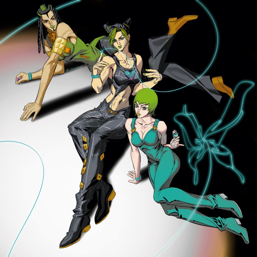 3girls absurdres aqua_overalls armband blue_eyes bottle breasts bug bun_with_braided_base butterfly chinese_commentary cleavage commentary_request double_bun dreadlocks ermes_costello facial_tattoo foo_fighters_(jojo) forehead_tattoo green_eyes green_hair green_nails hair_bun highres holding holding_bottle insect jojo_no_kimyou_na_bouken kuujou_jolyne medium_breasts midriff multicolored_hair multiple_girls navel overalls parted_lips shinkaifuyuki short_hair sitting skinny sleeveless sleeveless_turtleneck stone_ocean string tattoo turtleneck two-tone_hair water_bottle wristband yokozuwari