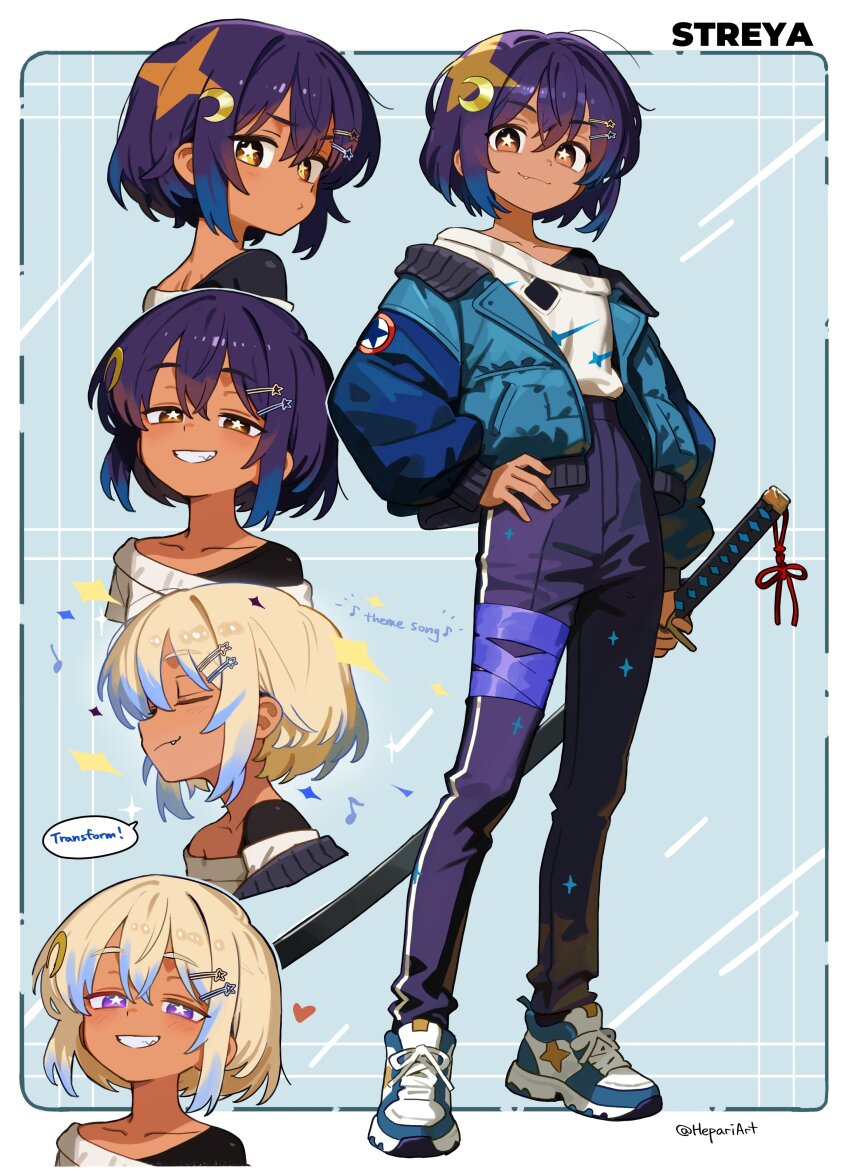 1girl absurdres blonde_hair blue_background blue_hair blue_jacket border brown_eyes closed_eyes closed_mouth collarbone commentary crescent crescent_hair_ornament dark-skinned_female dark_skin double-parted_bangs english_commentary full_body grin hair_between_eyes hair_ornament heart hepari highres holding holding_sword holding_weapon jacket long_sleeves looking_at_viewer multicolored_hair multiple_views open_clothes open_jacket original outside_border pants purple_eyes purple_hair purple_pants shirt shoes short_hair smile sneakers standing star-shaped_pupils star_(symbol) sword symbol-shaped_pupils twitter_username two-tone_hair weapon white_border white_shirt white_shoes