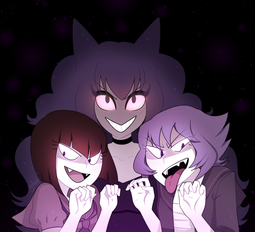 3girls androgynous black_background black_choker black_jacket bob_cut brown_hair choker collarbone colored_sclera colored_skin dress fangs gallaxi gastly gen_1_pokemon gengar glowing glowing_eyes hands_up haunter highres humanization jacket long_hair looking_at_viewer multiple_girls nintendo open_clothes open_jacket pink_sclera pokemon puffy_hair puffy_short_sleeves puffy_sleeves purple_dress purple_eyes sharp_teeth shirt short_hair short_sleeves teeth tongue white_shirt white_skin