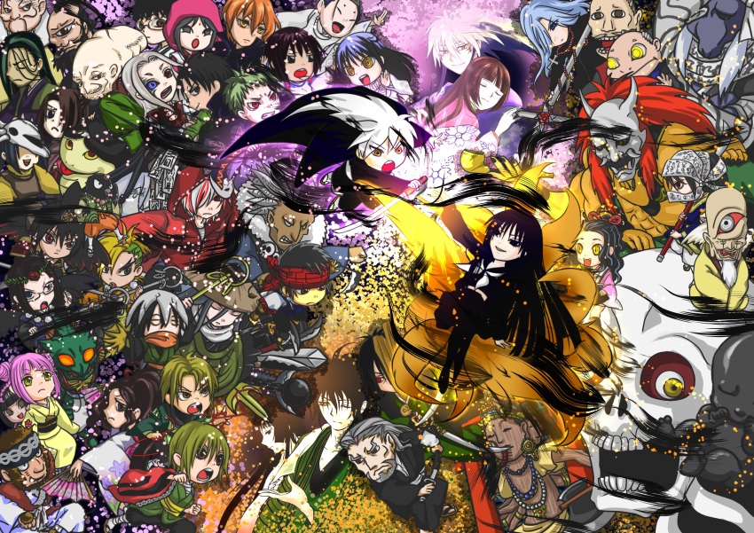 6+boys absurdres beard black_hair blue_eyes blue_hair brown_eyes brown_hair everyone facial_hair fox_tail glasses green_hair grey_hair hagoromo_gitsune hair_over_one_eye hand_fan heterochromia highres holding holding_fan holding_sword holding_weapon japanese_clothes kimono multicolored_hair multiple_boys multiple_girls nura_rihyon nura_rikuo nurarihyon_no_mago obi open_mouth pink_hair red_eyes red_hair ringed_eyes ritadc sandals sash setsura smile sword tail traditional_youkai tsuchigumo_(nurarihyon_no_mago) two-tone_hair weapon yellow_eyes