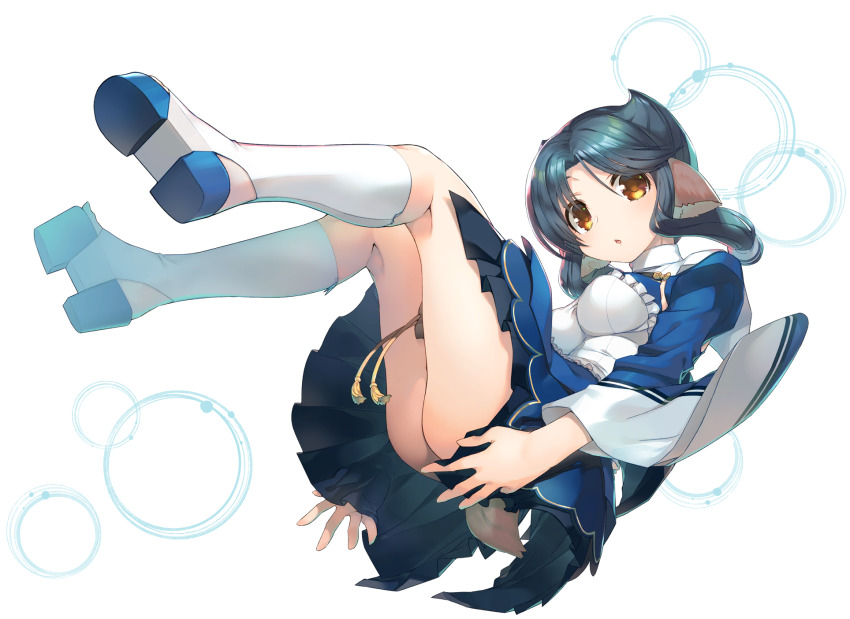1girl ainu_clothes amazuyu_tatsuki animal_ears aquaplus ass atuy blue_hair blush breasts cleavage cleavage_cutout clothing_cutout covered_erect_nipples dress frilled_dress frills from_side gradient_eyes gradient_hair hair_between_eyes head_tilt high_heels highres kneehighs legs_up long_sleeves looking_at_viewer medium_breasts multicolored_eyes multicolored_hair official_art open_mouth orange_eyes parted_bangs puffy_sleeves raised_eyebrows short_hair_with_long_locks sideboob sidelocks socks solo tail thighs toeless_footwear transparent_background utawarerumono utawarerumono:_itsuwari_no_kamen utawarerumono:_lost_flag wide_sleeves yellow_eyes