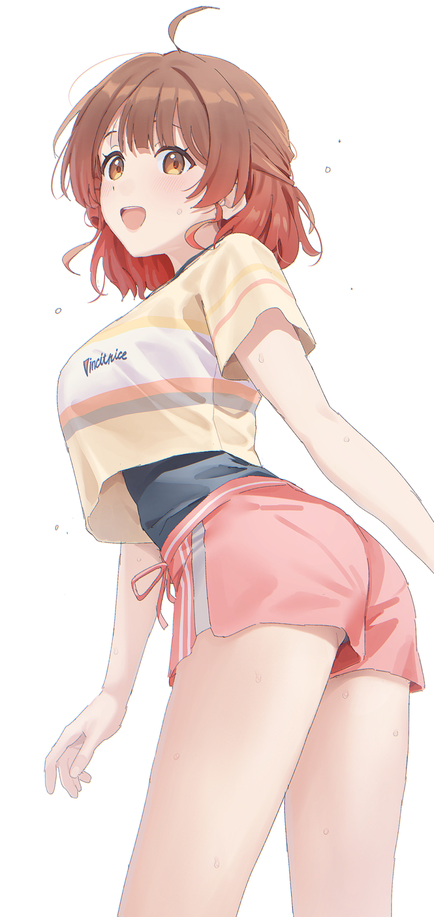 1girl ahoge ass black_undershirt blush breasts brown_eyes brown_hair cropped_shirt dolphin_shorts from_behind gakuen_idolmaster gradient_hair hair_bun hanami_ume highres idolmaster large_breasts looking_at_viewer looking_back mikazuchi_zeus multicolored_hair open_mouth pink_shorts red_hair shirt short_hair short_shorts shorts single_side_bun smile solo standing striped_clothes striped_shirt sweat undershirt