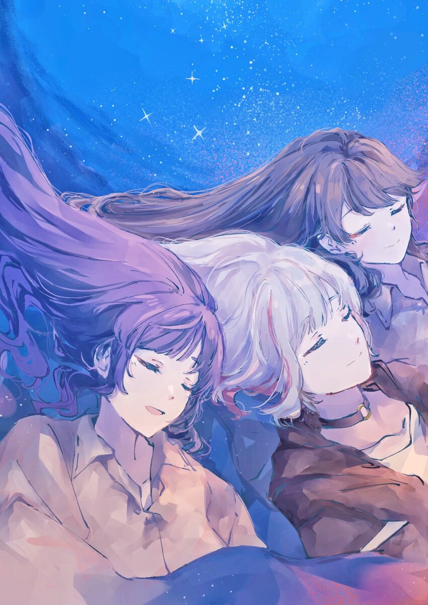 3girls black_jacket bob_cut borrowed_clothes brown_hair closed_eyes closed_mouth collarbone collared_shirt commentary_request diagonal_bangs dress_shirt floating_hair fujishima_megumi highres hood hooded_jacket inverted_bob jacket l9525 link!_like!_love_live! long_hair love_live! multicolored_hair multiple_girls official_alternate_costume open_clothes open_collar open_jacket otomune_kozue purple_hair red_hair shirt short_hair sidelocks smile streaked_hair two_side_up u_u under_covers virtual_youtuber white_hair white_shirt yugiri_tsuzuri yugiri_tsuzuri_(summer_loungewear)
