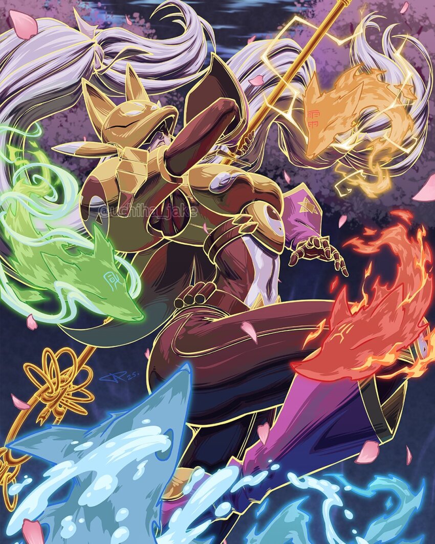 1girl armor black_bodysuit bodysuit breasts cherry_blossoms digimon digimon_(creature) electricity fire fox_mask gold_armor grey_hair highres holding holding_staff long_hair mask medium_breasts pink_petals purple_lips sakuyamon spirit staff uchiha_jake very_long_hair water
