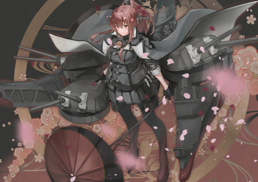1girl absurdres black_gloves black_skirt breasts brown_hair cannon cherry_blossoms coat coat_on_shoulders commentary_request cosplay echo-kilo flower gloves gradient_pantyhose grey_coat grey_pantyhose hair_flower hair_intakes hair_ornament headgear highres holding holding_umbrella kantai_collection large_breasts long_hair miniskirt musashi_(kancolle) musashi_(kancolle)_(cosplay) musashi_kai_ni_(kancolle) musashi_kai_ni_(kancolle)_(cosplay) oil-paper_umbrella pantyhose partial_commentary partially_fingerless_gloves pleated_skirt ponytail red_eyes red_pantyhose rigging sakuramon ship_turret sidelocks skirt smokestack solo standing umbrella very_long_hair yamato_(kancolle)