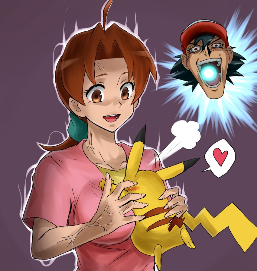 1boy 1girl ahoge anger_vein ash_ketchum bad_id bad_pixiv_id between_breasts breast_smother breasts brown_eyes brown_hair cleavage delia_ketchum face_to_breasts false_smile gen_1_pokemon heart hetero large_breasts matsumoto_rica mature_female nintendo parody pikachu pokemon pokemon_(anime) pokemon_(classic_anime) pokemon_(creature) ponytail smile spoken_heart style_parody turizao veins voice_actor_connection what yu-gi-oh! yu-gi-oh!_duel_monsters