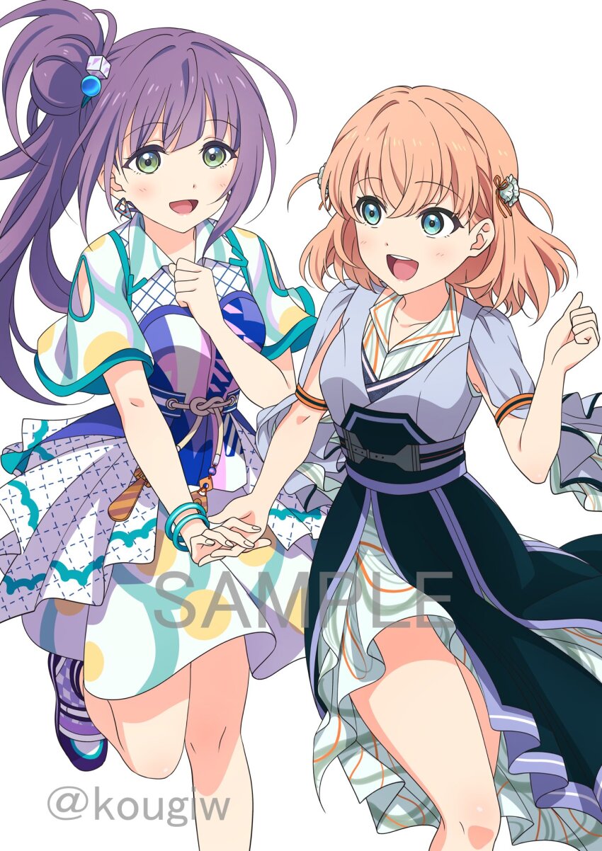2girls :d aqua_eyes black_skirt blue_dress cerise_bouquet checkered_footwear collarbone commentary_request cosplay crossed_bangs cube_hair_ornament dress feet_out_of_frame flower_stand_art genyo_yako green_dress green_eyes grey_dress hair_bun hair_ornament high-low_skirt highres hinoshita_kaho holding_hands kougi_hiroshi link!_like!_love_live! long_hair looking_at_another love_live! medium_dress medium_hair mirage_voyage_(love_live!) multicolored_dress multiple_girls official_alternate_costume open_mouth orange_hair otomune_kozue overskirt pink_dress purple_footwear purple_hair sample_watermark shoes short_sleeves side_ponytail sidelocks simple_background single_side_bun skirt smile teeth twitter_username two_side_up upper_teeth_only virtual_youtuber watermark white_background